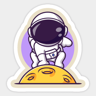 Cute Astronaut Landing On The Moon Cartoon Sticker